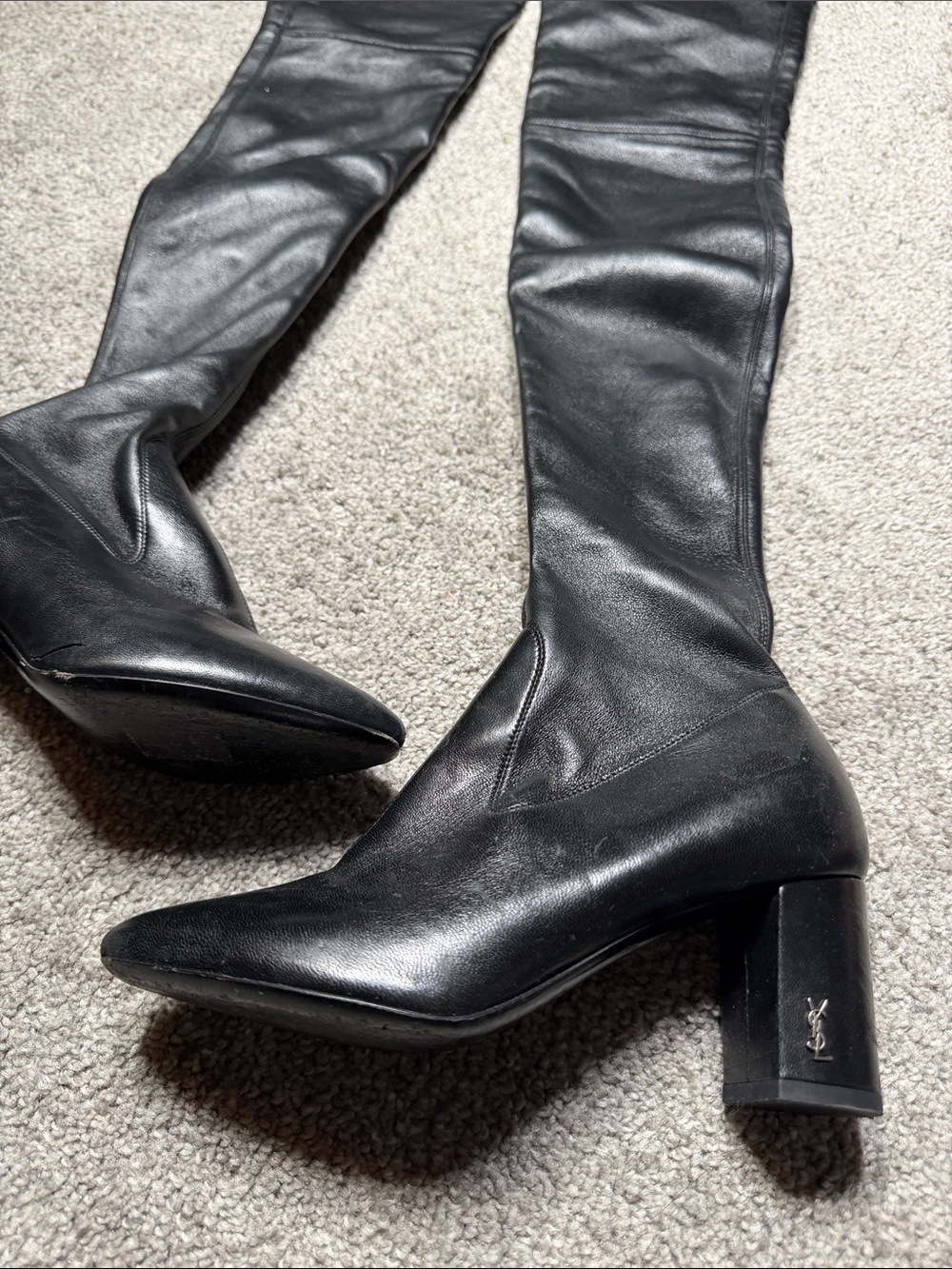 Yves Saint Laurent Black Leather Over-The-Knee Block Heel Boots